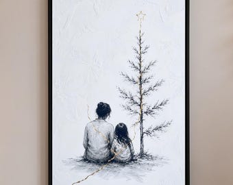 Mother Daughter Healing Kintsugi Textured Wall Art, Christmas Tree Fine Line Sketch Print, Gold Star Sentimental Keepsake Poster
