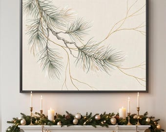 Lámina de acuarela de rama de pino, arte de pared con línea dorada, póster invernal verde salvia, obra de arte festiva minimalista, decoración para sala de estar, regalo de Navidad