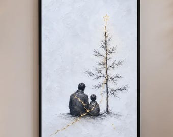 Father Son Kintsugi Gold Crack Healing Wall Art, Christmas Pine Tree Silhouette Winter Poster, Charcoal Sketch Monochrome Family Bond Print