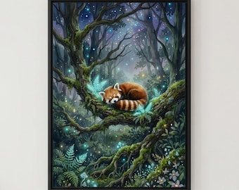 Sleeping Red Panda Art Print, Whimsical Watercolor Poster, Glowing Forest Nursery Decor, Enchanted Teal Fantasy Storybook Housewarming Gift