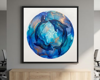 Arte mural moderno de delfines con tinta de alcohol, impresión giclée Yin Yang azul y dorada, póster de lealtad familiar de animales marinos, decoración costera náutica para casas de playa.