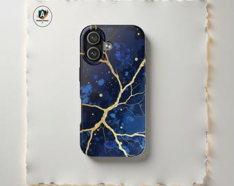 Kintsugi Gold Marble Fractured Art Phone Case, Navy Blue Celestial Night Sky iPhone Cover, Royal Luxury Elegant Samsung Galaxy Shell