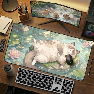 Slaapkat met lelievijver als bureauonderlegger, Zen Lotus turquoise aquarel illustratie muismat, extra groot anime pastel decoratie voor thuis en kantoor