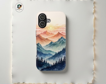 Watercolor Mountain Sunset Phone Case, Pine Forest Ridge iPhone Case, Shockproof Golden Hour Cover, Outdoorsy Boho Landscape Samsung Case