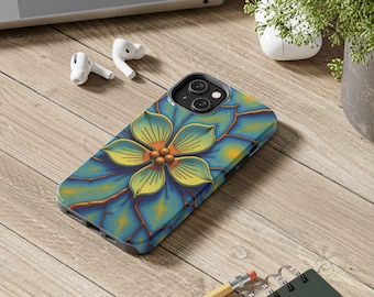 Van Gogh Starry Night Floral iPhone Case, Teal Cobalt Modern Botanical Bloom Samsung Cover, 3D Textured Gallery Art Statement Phone Shell