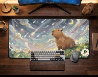 Tapis de bureau Kawaii Capybara pour observation des étoiles, tapis de souris anime mignon, sous-main illustré pastel, décor fantastique ciel nocturne, cadeau Gamer esthétique confortable