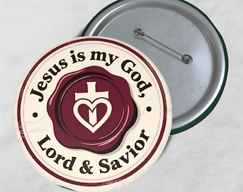 Jesús es mi Dios, Señor y Salvador. Sello de cera. Botón con estampado cristiano. Pin de solapa para confirmación. Insignia de fe para bautismo. Evento de la Iglesia del Sagrado Corazón.