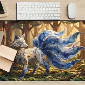 Gumiho Nine Tailed Fox Desk Mat, Blue Watercolor Kitsune Mouse Pad, Cozy Gaming Setup, XL Mousepad, Korean Folklore Print, Kawaii Anime Vibe