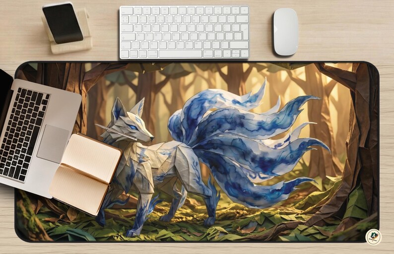 Gumiho Nine Tailed Fox Desk Mat, Blue Watercolor Kitsune Mouse Pad, Cozy Gaming Setup, XL Mousepad, Korean Folklore Print, Kawaii Anime Vibe