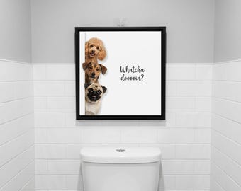Funny Peeking Dogs Art Print, Humorous Poodle Pug Bathroom Poster, Cute Pet Lover Gift, Canine Toilet Wall Decor, Whimsical Restroom Giclee