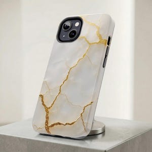White Gold Kintsugi Marble Phone Case, Minimalist Print Protective Cover