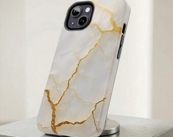 Gold Kintsugi Marble iPhone Case, Ivory White Luxury Galaxy Cover, Fractured Vein Glossy Protective Phone Shell, Elegant Minimalist Gift