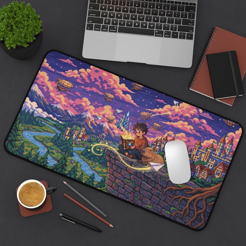 Pixelated Key Reader Fantasy Pixel Art Capybara Desk Mat, Cozy Bookish Lofi Aesthetic Mouse ...