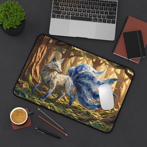 Gumiho Nine Tailed Fox Desk Mat, Blue Watercolor Kitsune Mouse Pad, Cozy Gaming Setup, XL Mousepad, Korean Folklore Print, Kawaii Anime Vibe
