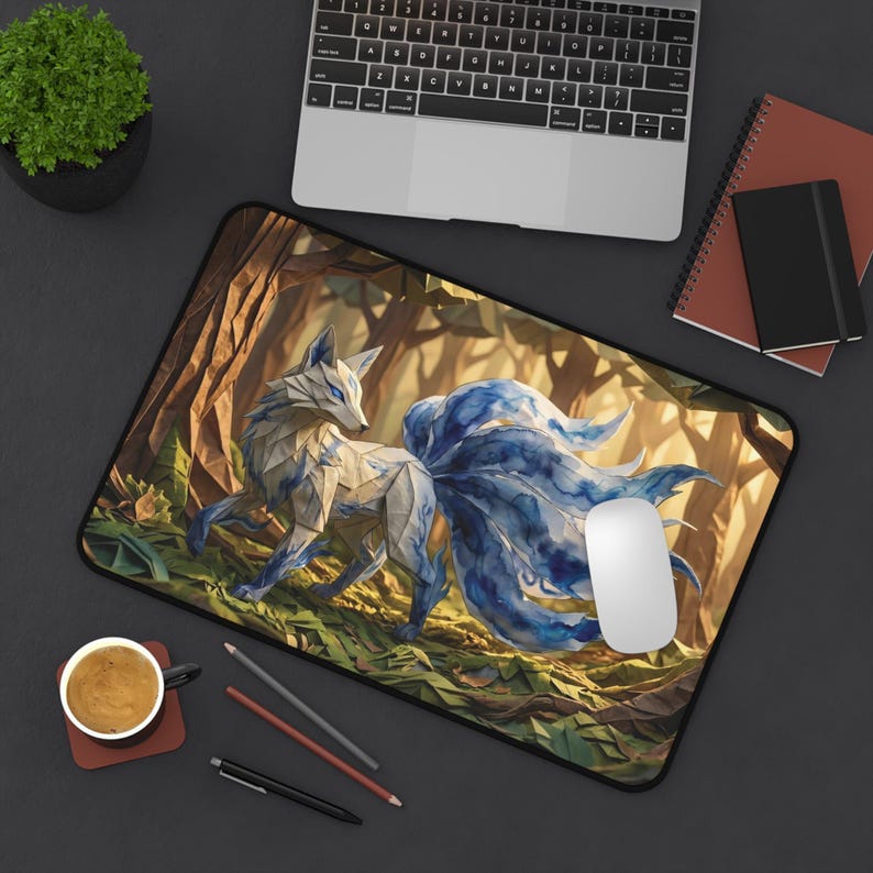 Gumiho Nine Tailed Fox Desk Mat, Blue Watercolor Kitsune Mouse Pad, Cozy Gaming Setup, XL Mousepad, Korean Folklore Print, Kawaii Anime Vibe