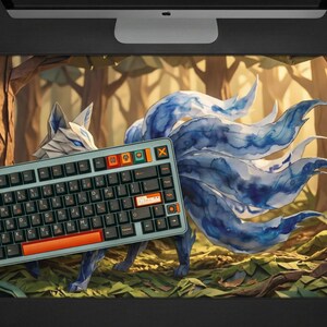 Gumiho Nine Tailed Fox Desk Mat, Blue Watercolor Kitsune Mouse Pad, Cozy Gaming Setup, XL Mousepad, Korean Folklore Print, Kawaii Anime Vibe