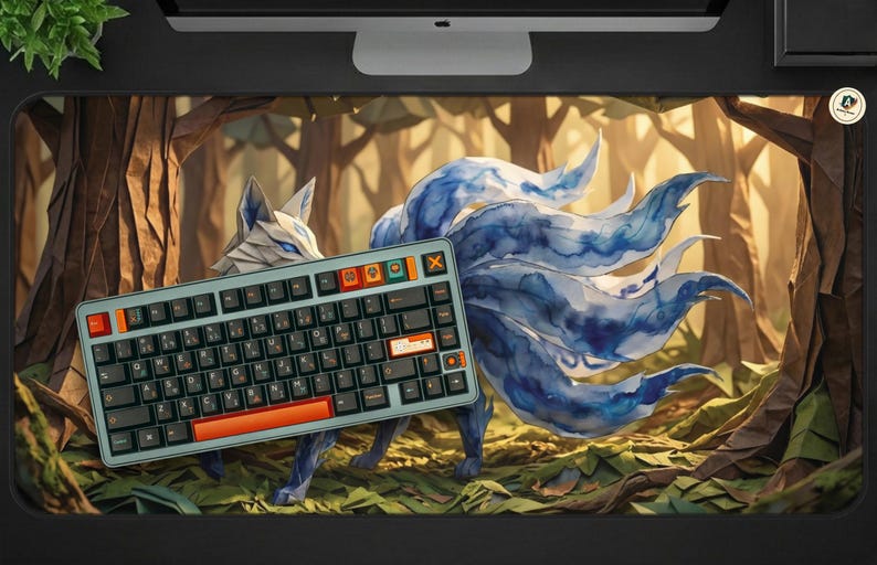 Gumiho Nine Tailed Fox Desk Mat, Blue Watercolor Kitsune Mouse Pad, Cozy Gaming Setup, XL Mousepad, Korean Folklore Print, Kawaii Anime Vibe
