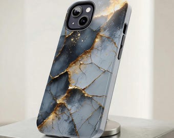 Funda Kintsugi color carbón y oro para iPhone 17-11, Samsung S25-S21, funda de dos capas con arte Kintsukuroi, funda artesanal Kintsugi para iPhone.
