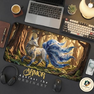 Gumiho Nine Tailed Fox Desk Mat, Blue Watercolor Kitsune Mouse Pad, Cozy Gaming Setup, XL Mousepad, Korean Folklore Print, Kawaii Anime Vibe