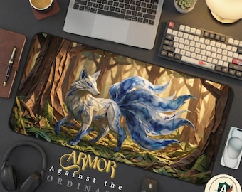 Gumiho Nine Tailed Fox Desk Mat, Watercolor Kitsune Mouse Pad, Korean Folklore Art Durable Neoprene Mat, Origami Fox Art Wide Mouse Mat