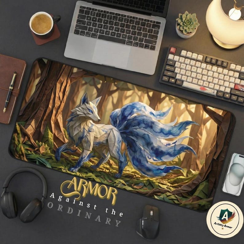 Gumiho Nine Tailed Fox Desk Mat, Blue Watercolor Kitsune Mouse Pad, Cozy Gaming Setup, XL Mousepad, Korean Folklore Print, Kawaii Anime Vibe