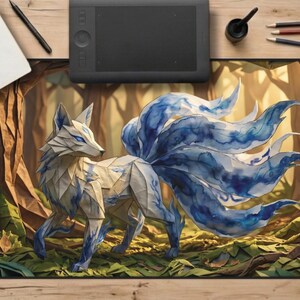 Gumiho Nine Tailed Fox Desk Mat, Blue Watercolor Kitsune Mouse Pad, Cozy Gaming Setup, XL Mousepad, Korean Folklore Print, Kawaii Anime Vibe