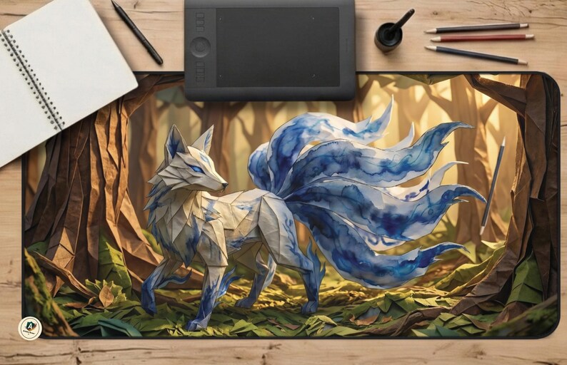 Gumiho Nine Tailed Fox Desk Mat, Blue Watercolor Kitsune Mouse Pad, Cozy Gaming Setup, XL Mousepad, Korean Folklore Print, Kawaii Anime Vibe