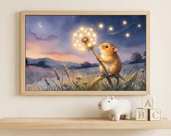 Harvest Mouse Watercolor Art Print, Dandelion Star Fantasy Nursery Poster, Whimsical Cottagecore Wall Decor, Magical Baby Room Starlit Gift