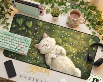 Kawaii White Cat Desk Mat, Large Sage Green Neoprene Mousepad