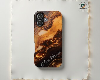 Funda personalizada para iPhone, Samsung con nombre personalizado, color ámbar y caramelo, funda de carey para iPhone 11, 12, 13, 14, 15, 16 y 17, y S21, S22, S23, S24 y S25.