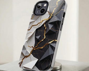 Funda 3D Kintsugi Origami para iPhone, Samsung, con relieve geométrico y vetas de oro.
