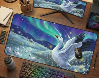 Alfombrilla de escritorio de invierno con diseño de aurora boreal y ganso de nieve, alfombrilla de ratón con diseño de auroras boreales y estrellas fugaces, alfombrilla de juego con diseño de prado y estanque familiar de estilo campestre zen.