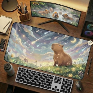 Schattige capibara bureaumat, schattige muismat XL, kawaii anime-landschap, vallende sterren nachtelijke hemel, pastel dierenkunst, cadeau streamer setup