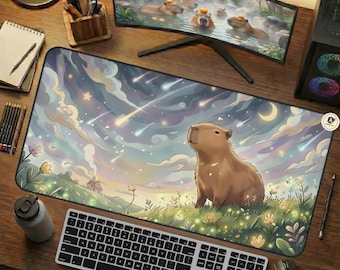 Capybara Starry Night Kawaii Desk Mat, Anime Dreamy Shooting Stars Mouse Pad, Pastel Celestial Whimsical Gaming Mat, Cozy Extended Desk Pad