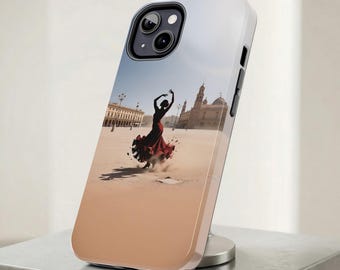 Flamenco Dancer in Seville Plaza Phone Case, Red Dress Andalusian Art Cover