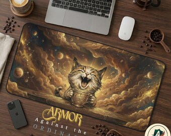 Cosmic Coffee Cat Desk Mat, Large Celestial Space Barista Mousepad