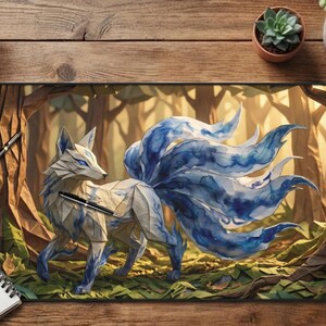 Gumiho Nine Tailed Fox Desk Mat, Blue Watercolor Kitsune Mouse Pad, Cozy Gaming Setup, XL Mousepad, Korean Folklore Print, Kawaii Anime Vibe