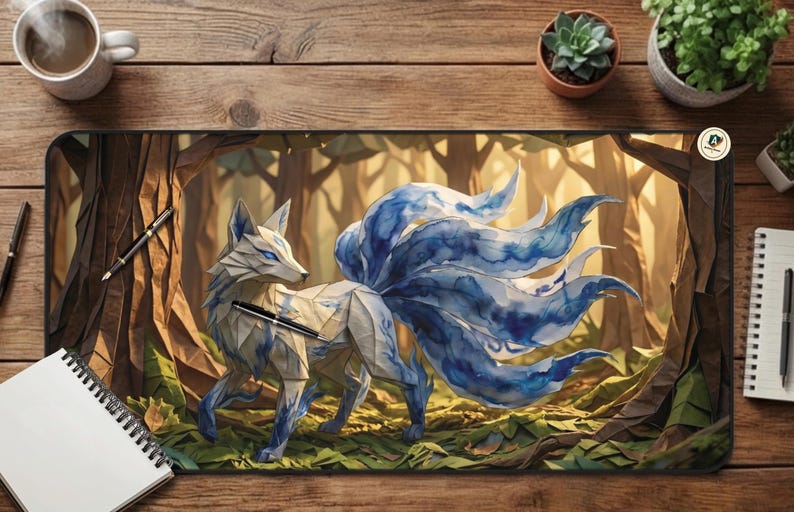 Gumiho Nine Tailed Fox Desk Mat, Blue Watercolor Kitsune Mouse Pad, Cozy Gaming Setup, XL Mousepad, Korean Folklore Print, Kawaii Anime Vibe