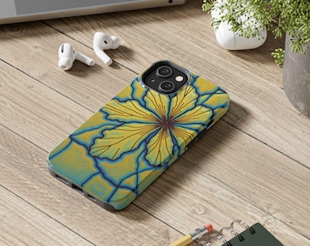 Art Nouveau Stained Glass Floral Phone Case, Yellow Gold Botanical Hibiscus iPhone Cover, Electric Teal Swirl Brushstroke Samsung Shell
