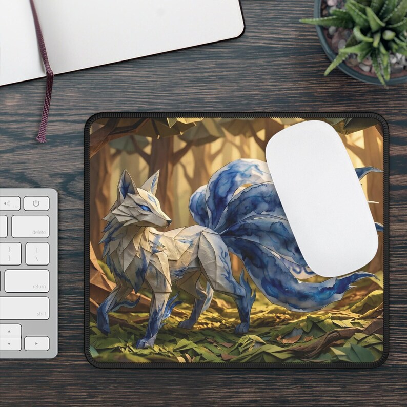Gumiho Nine Tailed Fox Desk Mat, Blue Watercolor Kitsune Mouse Pad, Cozy Gaming Setup, XL Mousepad, Korean Folklore Print, Kawaii Anime Vibe
