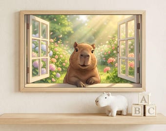 Lámina artística de anime de un adorable capibara, póster caprichoso de jardín iluminado por el sol en una ventana, arte mural de animales kawaii, decoración suave y acogedora para la habitación infantil con hortensias florales.