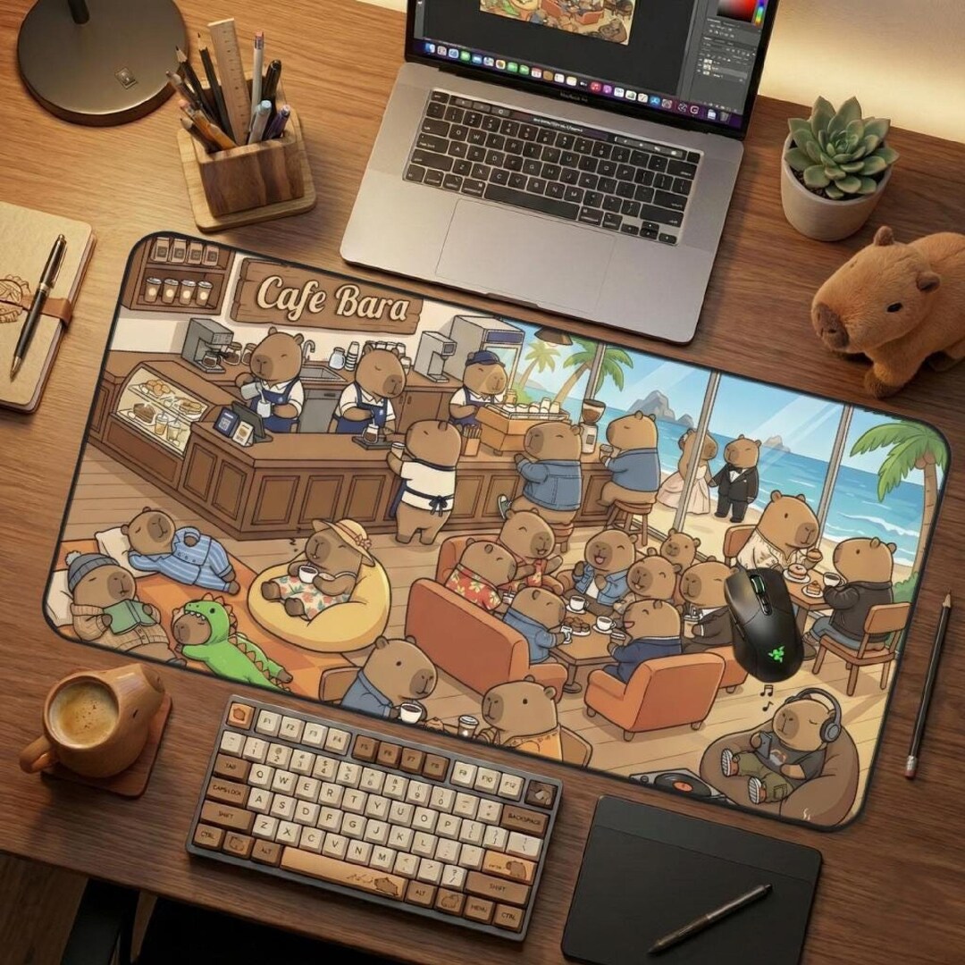 Capybara Cafe Desk Mat, Cozy Beachside Coffee Shop Decore, Cafe Animal ...