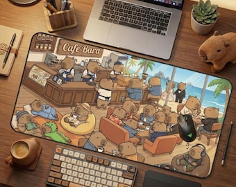 Tapis de bureau kawaii Capybara, dessin animé mignon, grand tapis de souris de café et de plage confortable, tapis de souris de jeu antidérapant en néoprène, tapis de bureau tropical