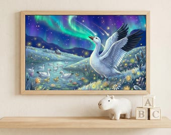 Aurora Goose Art Print, Enchanted Wildflower Meadow Wall Decor, Celestial Night Sky Nursery Poster, Whimsical Magical Fantasy Illustration