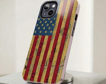 Étui pour iPhone drapeau américain en détresse, couverture de téléphone patriotique vintage des États-Unis grunge, étui galaxie étoiles et rayures, cadeau du cinquantième anniversaire de 1776