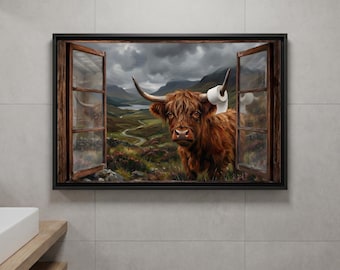 Funny Highland Cow Art Print, Humorous Scottish Cattle Bathroom Decor, Moody Rustic Farmhouse Wall Poster, Quirky Toilet Paper Animal Gift