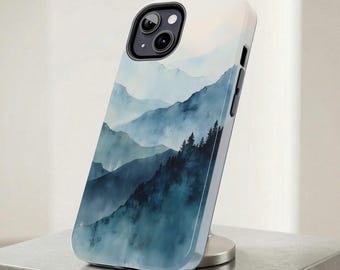 Funda para iPhone con diseño de acuarela de montaña brumosa, funda para Samsung con diseño de bosque de pinos azules y brumosos, protector de doble capa a prueba de golpes, regalo ideal para amantes de los viajes y la naturaleza.