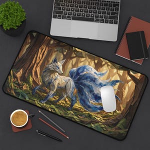 Gumiho Nine Tailed Fox Desk Mat, Blue Watercolor Kitsune Mouse Pad, Cozy Gaming Setup, XL Mousepad, Korean Folklore Print, Kawaii Anime Vibe