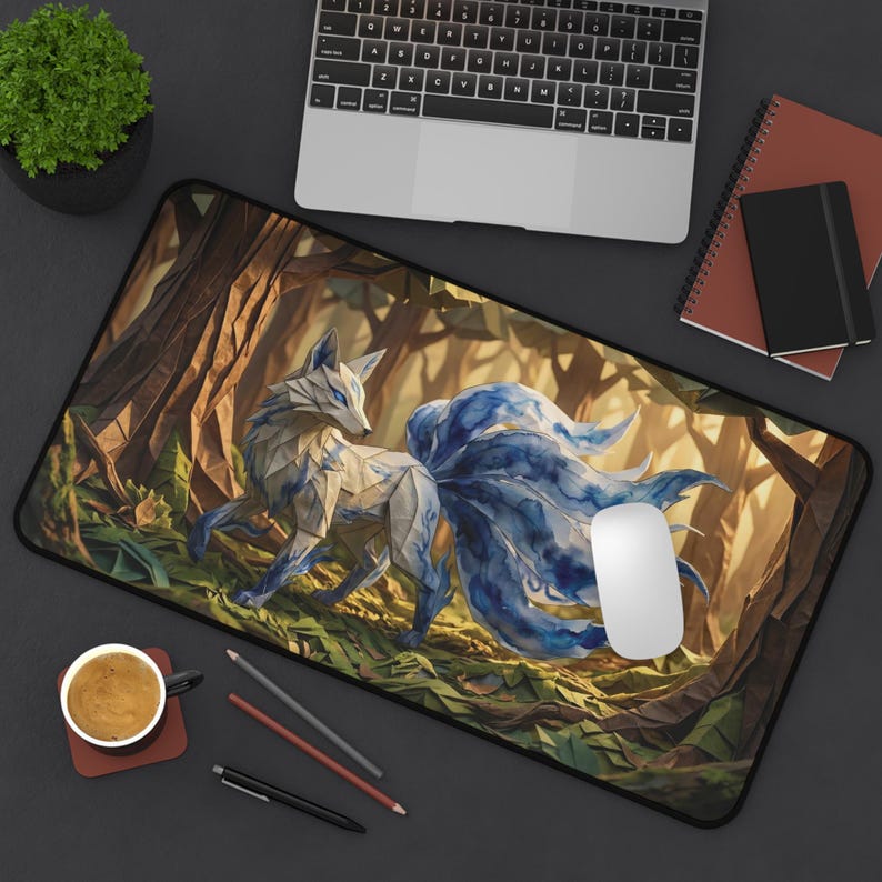 Gumiho Nine Tailed Fox Desk Mat, Blue Watercolor Kitsune Mouse Pad, Cozy Gaming Setup, XL Mousepad, Korean Folklore Print, Kawaii Anime Vibe