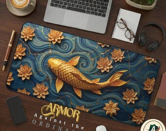 Golden Koi Kintsugi Desk Mat, Large Teal and Gold Mousepad